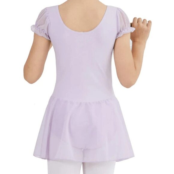 Girls Puffy Sleeve Skirted Leotard, Purple, M - Picture 2 of 2